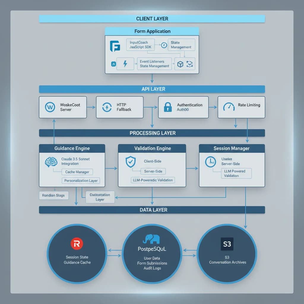 InputCoach system architecture showing JavaScript SDK, WebSocket communication, guidance engine with Claude integration, caching layer, and database architecture