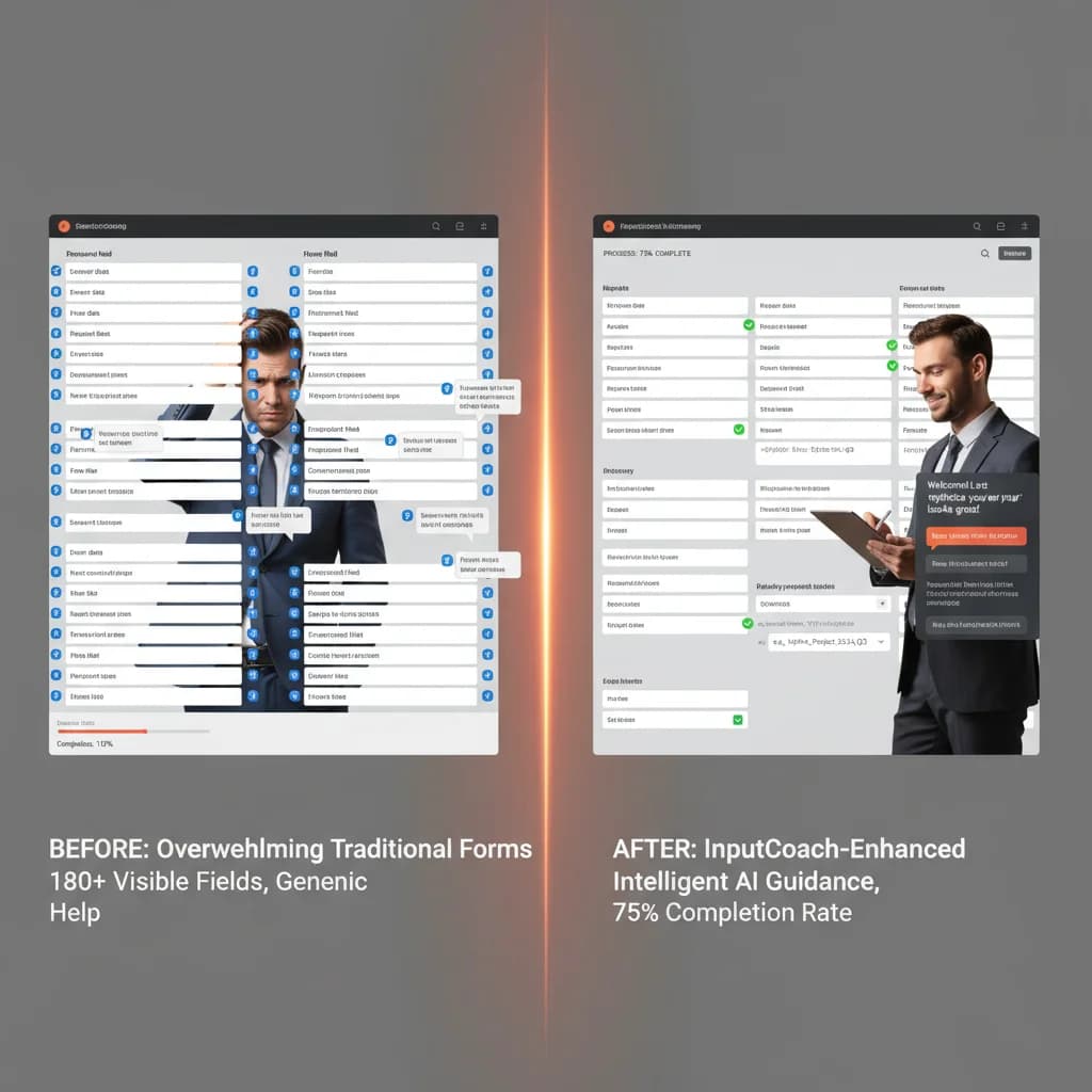 Before and after comparison: traditional static form with 180+ fields vs InputCoach-enhanced form with intelligent AI coaching sidebar