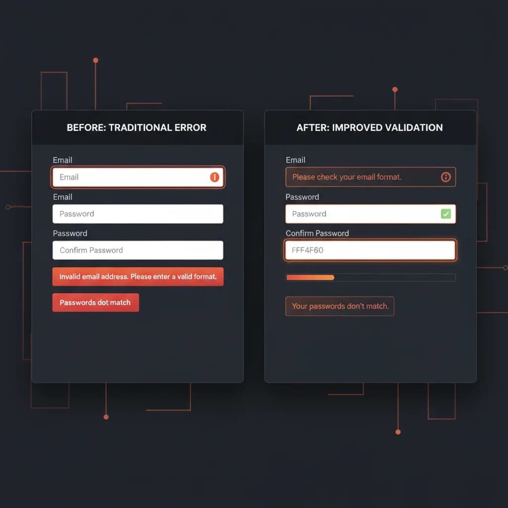 Comparison of generic form validation error vs InputCoach contextual conversational feedback with examples