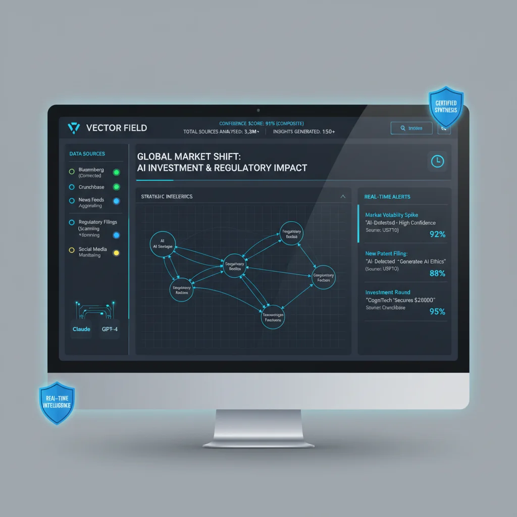 Vector Field strategic intelligence platform dashboard showing multi-source intelligence synthesis with confidence scoring and knowledge graph visualization