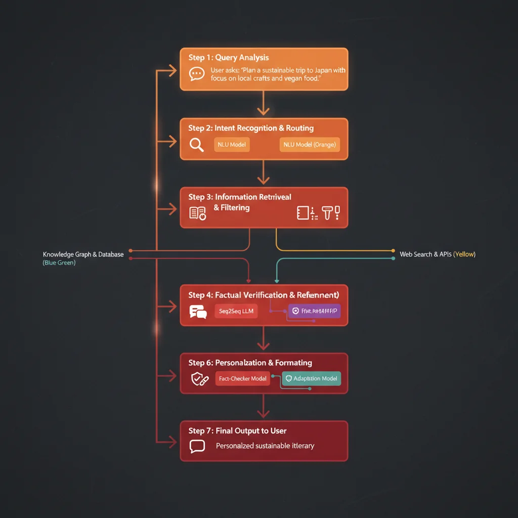 Multi-model AI synthesis pipeline flowchart showing query analysis through intent recognition, information retrieval, factual verification, personalization, and final output
